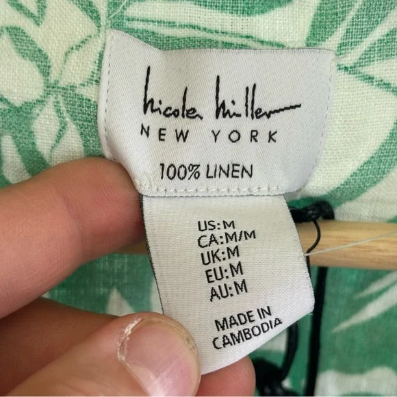 NWT Nicole Miller Women Med Preppy Linen Green Cropped Hawaiian Button Up Shirt - Picture 7 of 10